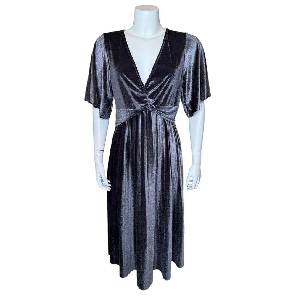 ASOS Velvet Midi Dress 6 Twist-Front Flutter Sleeve Pleated Gray